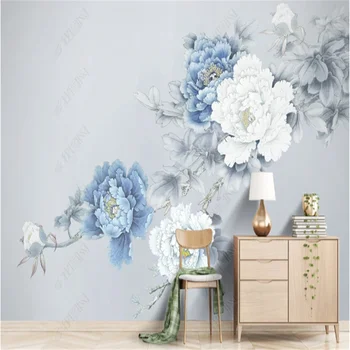 סינית חדשה סגנון ציור קיר טפט עבור הסלון אדמונית רקעים פרחים פורחים על כחול הטלוויזיה רקע נייר קיר לעיצוב הבית