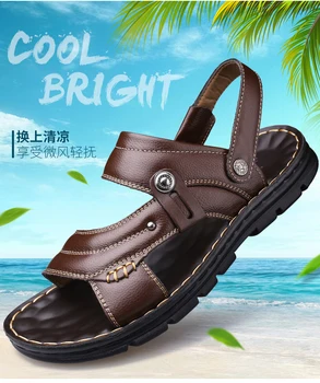 סנדלי גברים קיץ סנדלי גברים של אופנה נעלי החוף מזדמנים עור פרה נעלי מטרה כפולה סנדלים