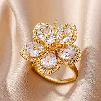 עדין פרח זירקון טבעות לנשים פלדת אל חלד מצופה זהב טבעת 2023 מגמה חדשה אלגנטי יוקרתי אסתטי תכשיטים anillos