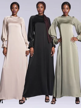 עיד נשים מוסלמיות 2023 סאטן מוצק השמלה Abaya מפלגה שרוול ארוך שמלות דובאי הערבי טורקיה הרמדאן כפיות גלימה Kaftan אלגנטי