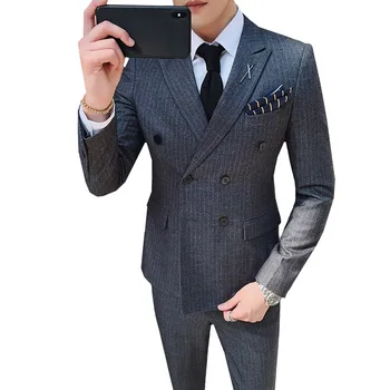עיצוב אופנה בלייזר מתאים להגדיר הבריטי פסים של גברים דו-שולי עסקי מזדמן החתונה החתן חליפת (ז ' קט +מכנסיים)