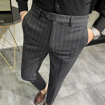 עסקים חדשים מזדמנים המכנסיים גברים פסים גבוהה המותניים הרגליים הקטנות משרד רשמי מכנסיים זכר בסגנון קלאסי סלים חליפת מכנסיים ארוכים