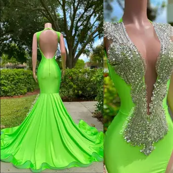 פאר חרוזים שמלות לנשף בתולת ים זמן ניאון ירוק ללא משענת גמיש שמלת ערב מחשוף V עמוק רשמית צד שמלות