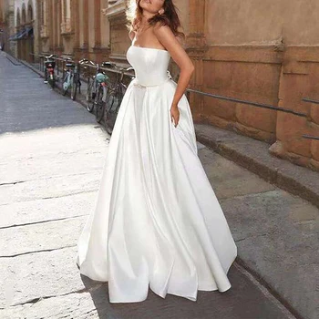 פשוט סקסי שנהב שמלת סטרפלס באורך רצפת מחשוף גב תחרה קשת חגורת אישה שמלות חתונה כלה אירוסין שמלות משלוח חינם
