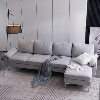 פתוחה פינתית מודרנית בד פשתן בצורת L הספה עם כיסא ברזל מטר 4 מושבים פנימי מודולרי ספה בצבע אפור בהיר