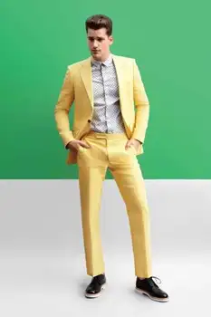 צהוב דש חליפות גברים Custome Homme 2017Latest עיצובי אופנה Terno Slim Fit Masculino נאה בלייזר החליפה(ז ' קט+מכנסיים)