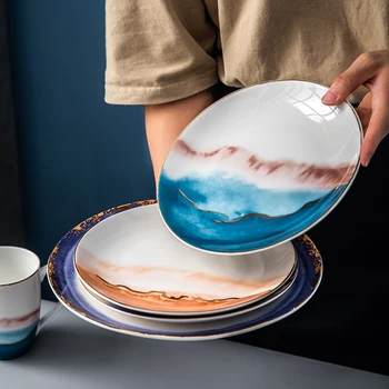 ציור בצבעי מים משובץ בזהב קרמיקה ערב שירות מטבח צלחות להגדיר מאכל קערות סלט קפה כוס קפה.
