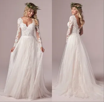 קו שרוול ארוך שמלות כלה שמלת החתונה 2023 טול תחרה ארוכה שנהב Vestido De נוביה לפתוח בחזרה свадебное платье בתוספת גודל