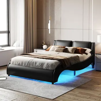 קווין סייז מרופדים דמוי עור פלטפורמה לישון עם אור LED מסגרת מיטה עם לוחות עץ