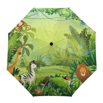 קוף הג ' ונגל-אריה מצויר באופן אוטומטי לחלוטין זכר נשים מטריה מתקפלת משולבת שמשיה גשם מטריות