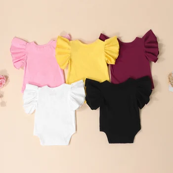 קיץ בגדי תינוקות בנים בנות לעוף שרוול רומפר, צוואר צוות מוצק צבע בגד גוף תינוק תלבושת של בגדים