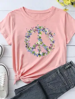 קיץ טריקו נשים גברת הדפסה מזדמן קריקטורה בגדים השלום פרח מגמת האופנה חמוד Tshirts חולצה גרפי טי למעלה