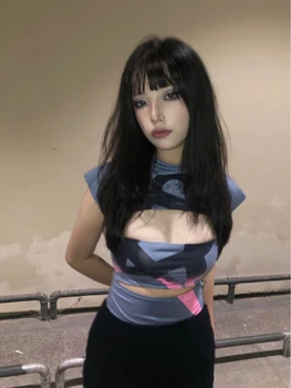 קיץ סקסי גזורה נשים Y2k אסתטי גרפי חולצות חלול החוצה שרוול קצר Tshirts סלים גראנג ' טיז אופנת רחוב יפנית.