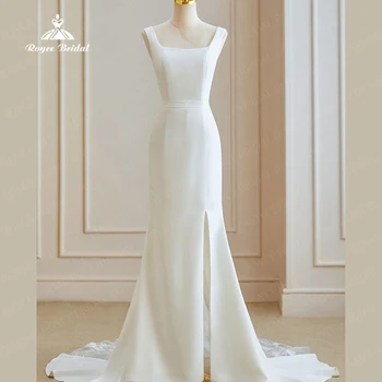 קלאסי בצד שסף שמלת הכלה סאטן 2023 כיכר קולר צוואר שמלת כלה עם מחשוף גב העצום אפליקציות תחרה שמלת מסיבת