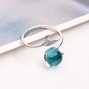 קריסטל כחול זירקון Fishtail צבע כסף נקבה מתכווננת פתיחה טבעות אופנה טבעת אירוסין תכשיטים