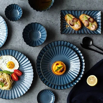 קרמיקה צלחות צלחות אוכל צלחת סלט קערת מרק קלין זיגוג כחול חרצית צורה מחבתות להגדיר מנות המסעדה.