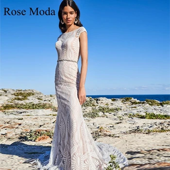רוז Moda כובע שרוולי התחרה בתולת ים שמלות חתונה עם נשלפת קריסטל החגורה ללא משענת שמלת כלה בוהו צילום אמיתי