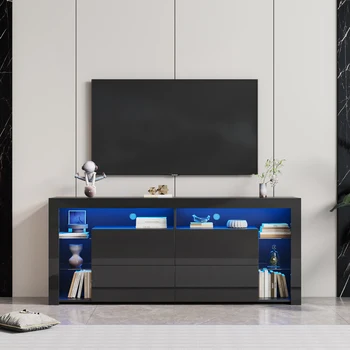 שחור מודרני חוזה LED TV ארון עם מגירות אחסון，4. אחסון ארון עם מדפים פתוחים עבור הסלון לחדר השינה