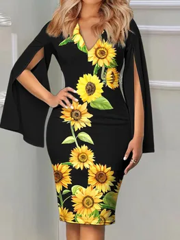 שמלות קיץ לנשים מזדמנים אופנה למסיבה הדפסה V צוואר משוסף שרוול ארוך Bodycon מועדון לילה באמצע השמלה נשים Vestido 2023