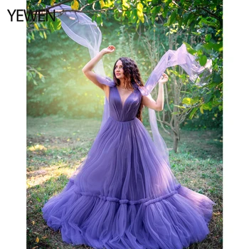 שרוולים סגול שמלת הערב ארוך צוואר V שמלת נשף על פוטושוט או Babyshower 2021 שמלת כלה YEWEN