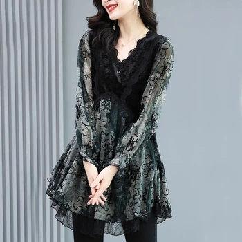 תחרה הדפס שחור שיפון חולצה אביב סתיו אופנה מקסימום 2023 נשים של V-צוואר שרוול ארוך אלגנטי בסגנון קוריאני בגדים מזדמנים