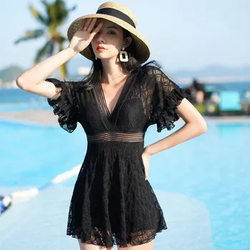 תחרה שחורה בגדי ים בנות קוריאני 2022 חדש-חתיכת בגד ים לנשים לכסות את הבטן שמרני חם חופשת הקיץ בגדי ים לנשים