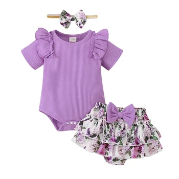 תינוק שרק נולד ילדה הבגדים להגדיר סגול שרוול קצר למעלה + פרחים קצרים עם סרט קיץ 3PCS מקסים התלבושת 0-24 חודשים.