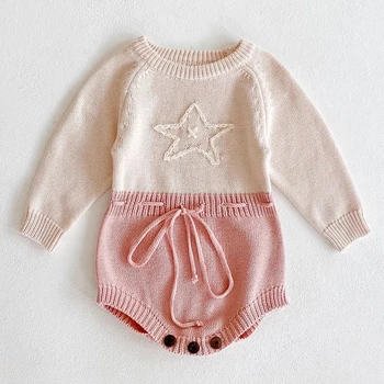 תינוקת לסרוג Rompers התינוק סרבל תינוק בגדי אביב בגדי תינוקות בנות כוכב לרקום רומפר סתיו ארוך שרוול בגדים