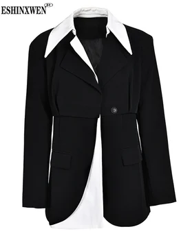 Eshin ניגודיות צבע השרוול הארוך אחת עם חזה טלאים מעילים, חולצות לנשים 2023 סתיו אופנה הנשי החדש חליפת TH4407