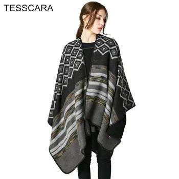 TESSCARA נשים סתיו & החורף הלבשה עליונה & מעילים נשי מזדמן צמר תערובת מעיל אלגנטי המשרד מעיל אופנה הדפסה הגלימה